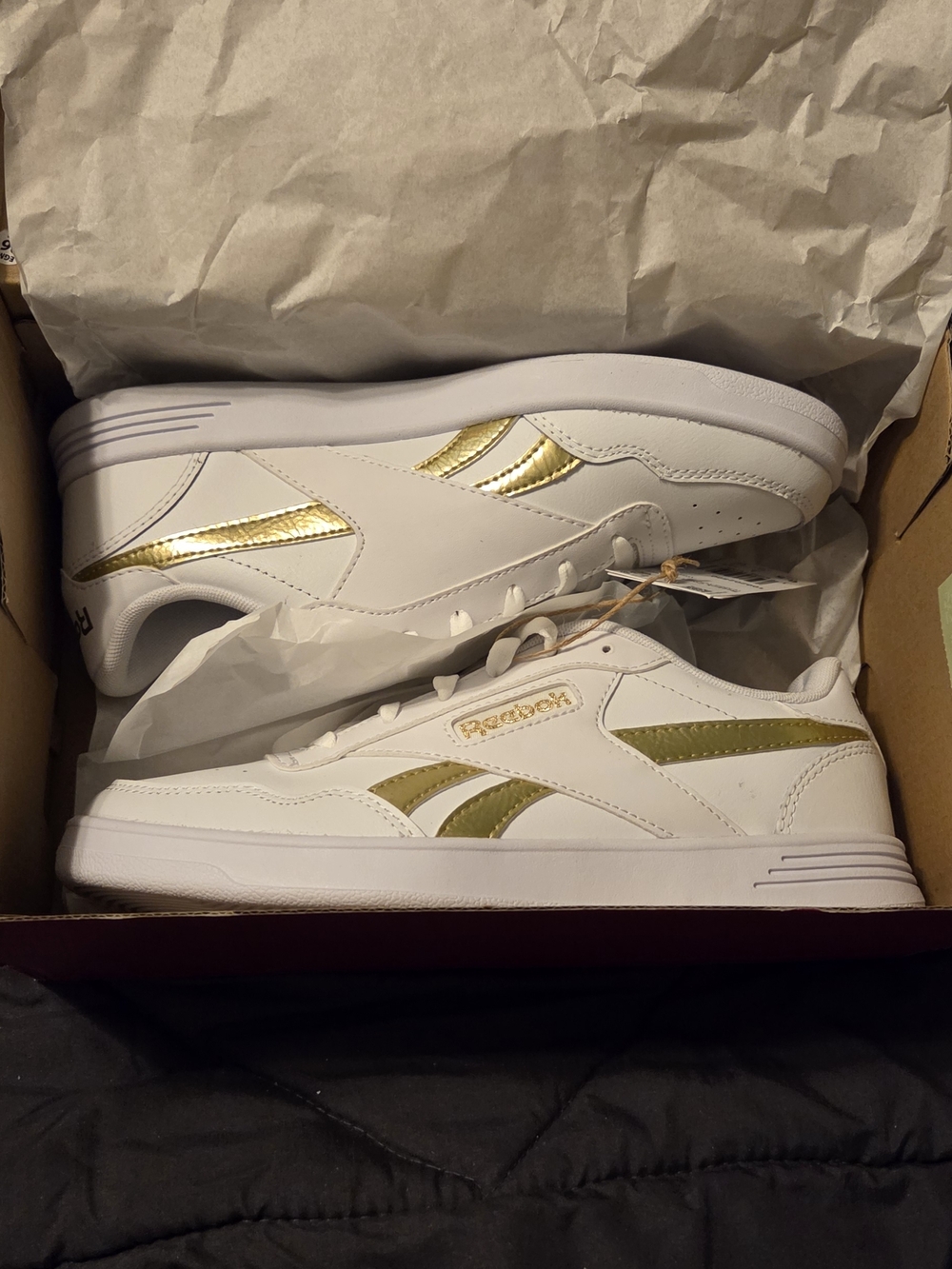Reebok Womens White Sneakers with Gold Accents